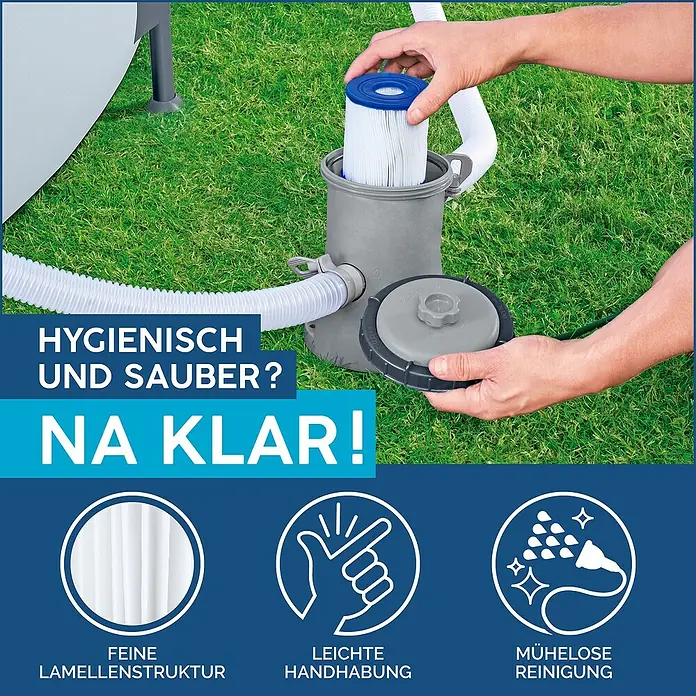 Bestway Filterkartusche - Filterleistung: 1.029 l/h - Bild einer Poolfilterpumpe mit Filterkartusche, die für hygienisches und sauberes Poolwasser sorgt, einfache Handhabung und mühelose Reinigung.