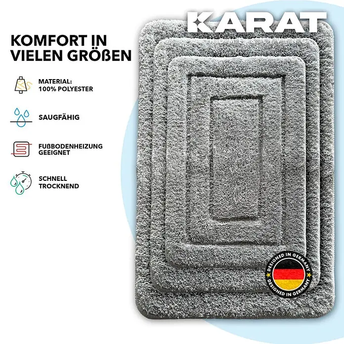 Floordirekt Badteppich Atlantis - 100 x 60 cm, Silbergrau, 100% Polyester - Mehrere graue KARAT-Fußmatten in verschiedenen Größen, die für Komfort, Saugfähigkeit und Fußbodenheizung geeignet sind.
