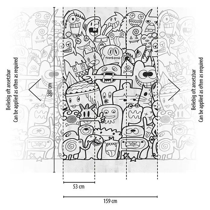 A.S. Création The Wall 3 Fototapete Comic - B x H: 159 x 280 cm, Vlies, Schwarz-Weiß - Wandbild mit Monstern im Doodle-Stil, wiederholbares Muster, 280 cm hoch, 159 cm breit, Paneele von 53 cm.
