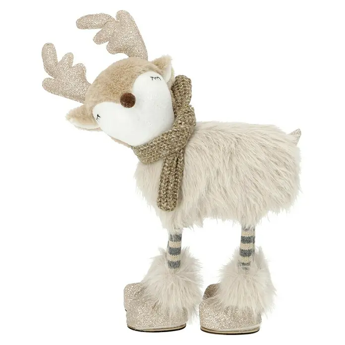 Dekofigur Weihnachtselch - L x B x H: 30 x 12 x 47 cm, Textil - Plüsch-Rentierfigur mit Schal, glitzernden Geweih und Stiefeln. Niedliche Weihnachtsdekoration für festliche Stimmung.