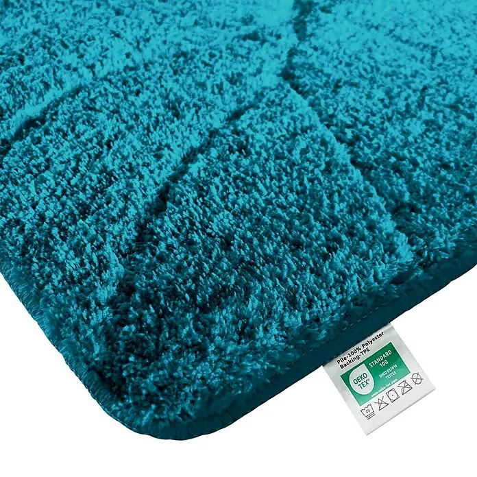 Floordirekt Badteppich Maris - 120 x 60 cm, Türkis, 100% Polyester - Nahaufnahme eines türkisfarbenen Badvorlegers mit OEKO-TEX® Standard 100 Zertifizierung, der für Qualität und Schadstofffreiheit steht.