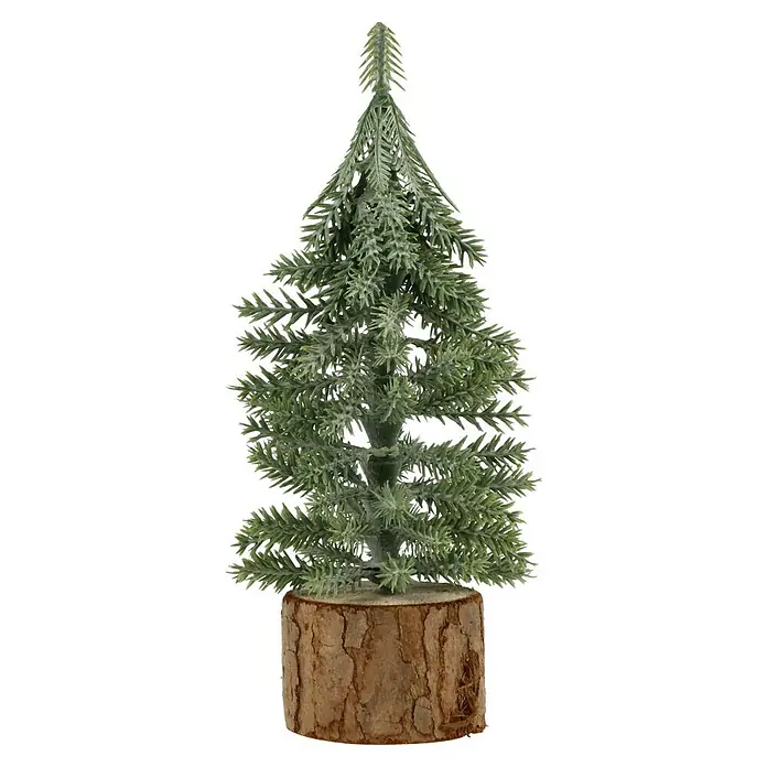 Mini-Weihnachtsbaum - Höhe: 19 cm - Dekorative kleine grüne Kunsttanne auf einem rustikalen Holzsockel, ideal für festliche Dekorationen und Tischdekorationen.