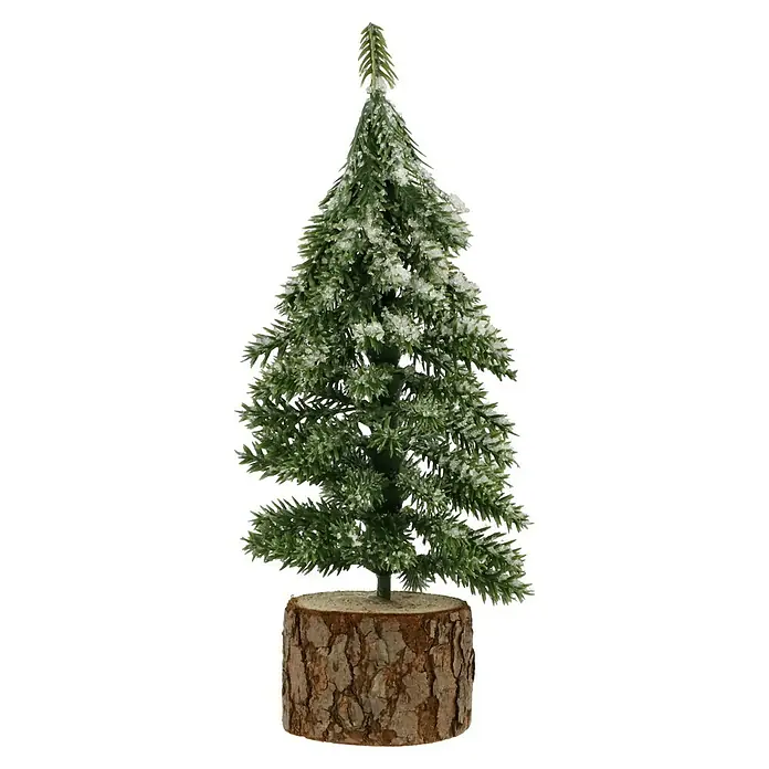 Mini-Weihnachtsbaum - Höhe: 19 cm - Künstlicher Mini-Weihnachtsbaum mit Schnee und einem rustikalen Holzsockel, ideal als Tischdekoration für die festliche Jahreszeit.