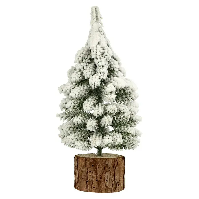 Mini-Weihnachtsbaum - Höhe: 19 cm - Schneebedeckter Tannenbaum auf einem Holzsockel. Ideal für festliche Dekorationen und eine winterliche Atmosphäre in jedem Raum.