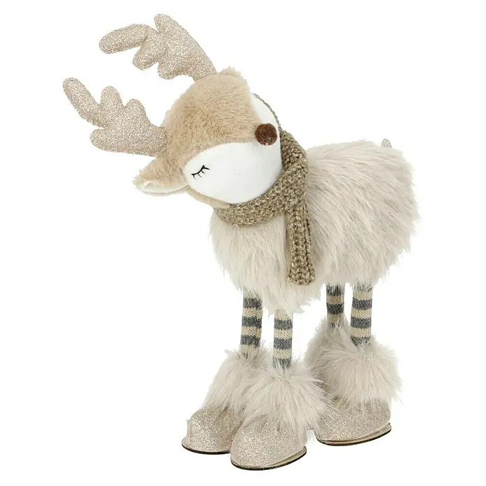 Dekofigur Weihnachtselch - L x B x H: 30 x 12 x 47 cm, Textil - Plüschiger, beiger Hirsch mit Schal, glitzernden Geweih und Stiefeln für festliche Dekorationen.