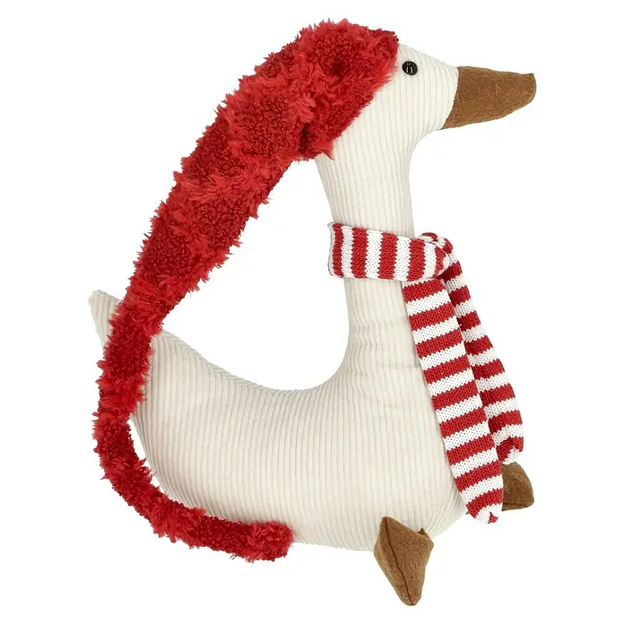 Dekofigur Weihnachtsgans - L x B x H: 28 cm x 11 cm x 70 mm, Textil - Festlicher Stoff-Gans-Türstopper mit roter Mütze und gestreiftem Schal, ideal für die Weihnachtsdekoration.