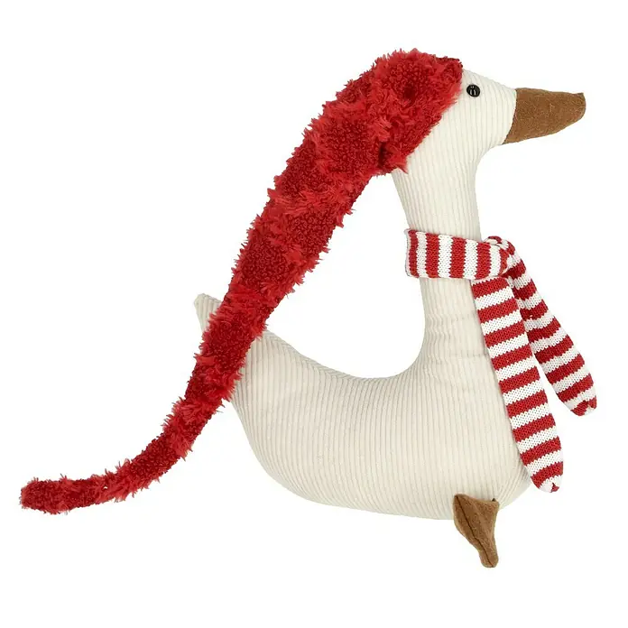 Dekofigur Weihnachtsgans - L x B x H: 28 cm x 11 cm x 70 mm, Textil - Plüschente mit roter Mütze und rot-weiß gestreiftem Schal, ideal als festliche Dekoration oder kuscheliges Spielzeug.