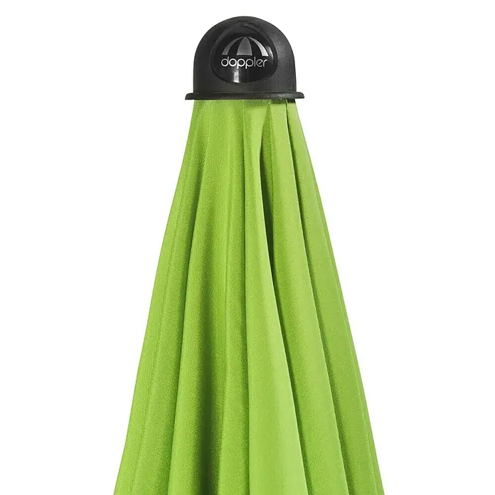 Doppler Active Marktschirm rundFresh Green, Durchmesser Bespannung: 200 cm - Nahaufnahme eines geschlossenen, hellgrünen Doppler-Sonnenschirms mit schwarzer Kappe, ideal für den Sonnenschutz im Freien.