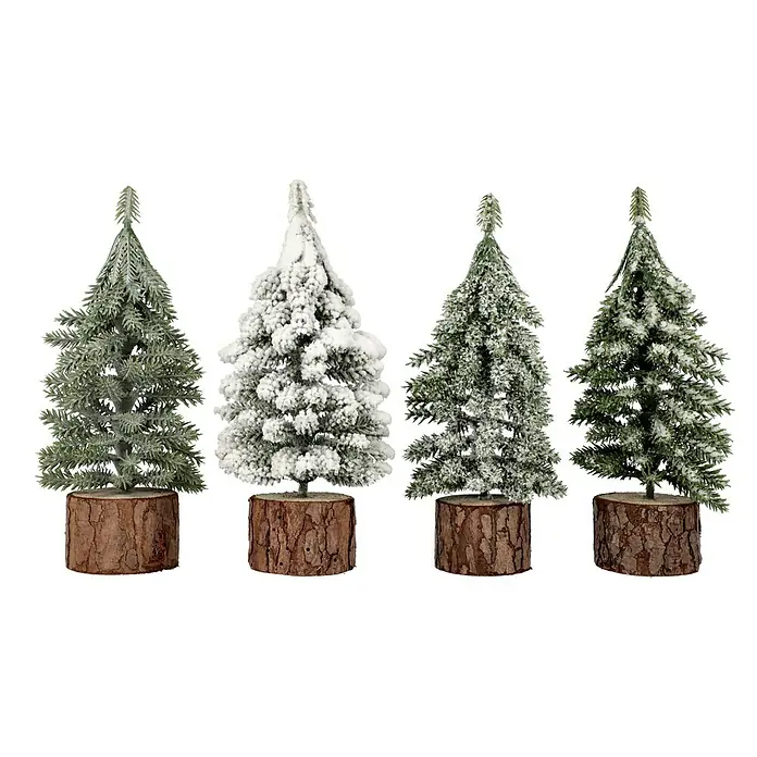 Mini-Weihnachtsbaum - Höhe: 19 cm - Vier dekorative Mini-Weihnachtsbäume mit flockigem Design auf Holzsockeln.