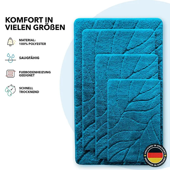 Floordirekt Badteppich Maris - 120 x 60 cm, Türkis, 100% Polyester - Drei blaue Badematten in verschiedenen Größen. Die Matten sind aus 100% Polyester und haben eine Blattmusterung.