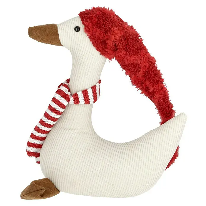 Dekofigur Weihnachtsgans - L x B x H: 28 cm x 11 cm x 70 mm, Textil - Plüschige Gans mit roter Mütze und gestreiftem Schal.