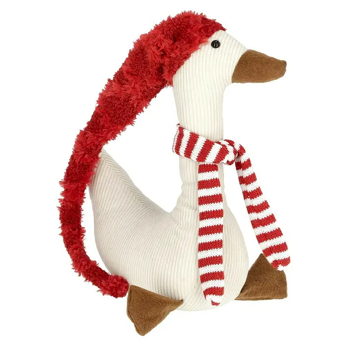 Dekofigur Weihnachtsgans - L x B x H: 28 cm x 11 cm x 70 mm, Textil - Niedliche Stofftier-Gans mit roter Mütze und gestreiftem Schal, perfekt für festliche Dekorationen oder als Kuscheltier für Kinder.