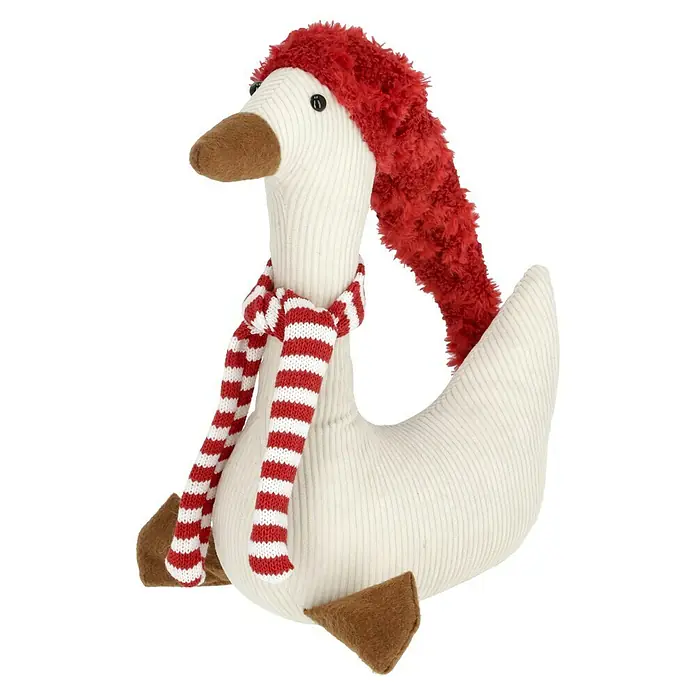 Dekofigur Weihnachtsgans - L x B x H: 28 cm x 11 cm x 70 mm, Textil - Weihnachtliche Stofftier-Gans mit roter Mütze und gestreiftem Schal, festliche Dekoration für die Feiertage.