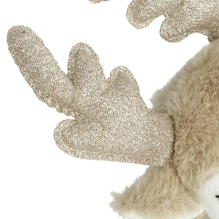 Dekofigur Weihnachtselch - L x B x H: 30 x 12 x 47 cm, Textil - Nahaufnahme von goldenem, glitzerndem Geweih an einem weichen Rentier-Plüschtier, das festliche und winterliche Wärme ausstrahlt.