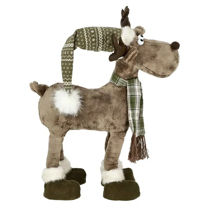 Dekofigur Weihnachtselch - L x H: 29 x 46 cm, Textil - Niedlicher Stoff-Elch mit Mütze, Schal und Stiefeln, ein bezauberndes Deko-Element für die festliche Jahreszeit.