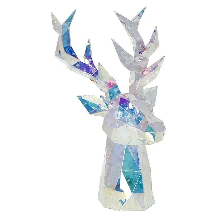 Tween Light Lámpara LED decorativa Reno - Transparente, L x An x Al: 31 x 26 x 50 cm, Reno neon - Primer plano de un ciervo decorativo iridiscente y facetado con astas llamativas, perfecto para decoraciones festivas y como foco de atención.