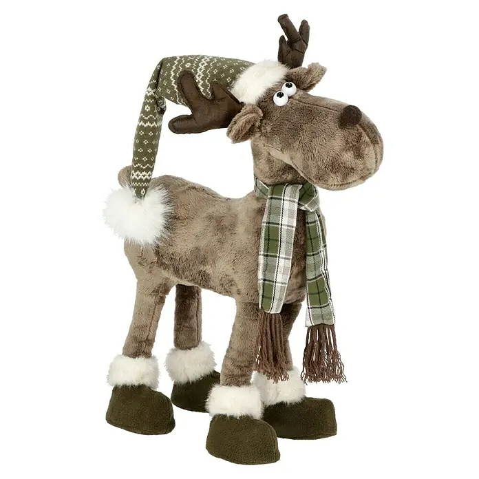 Dekofigur Weihnachtselch - L x B x H: 39 x 13 x 80 cm, Textil - Plüschiges Rentier mit Schal, Mütze und Stiefeln für festliche Dekorationen. Niedliches Design mit weichen Materialien, ideal als Weihnachtsdeko.