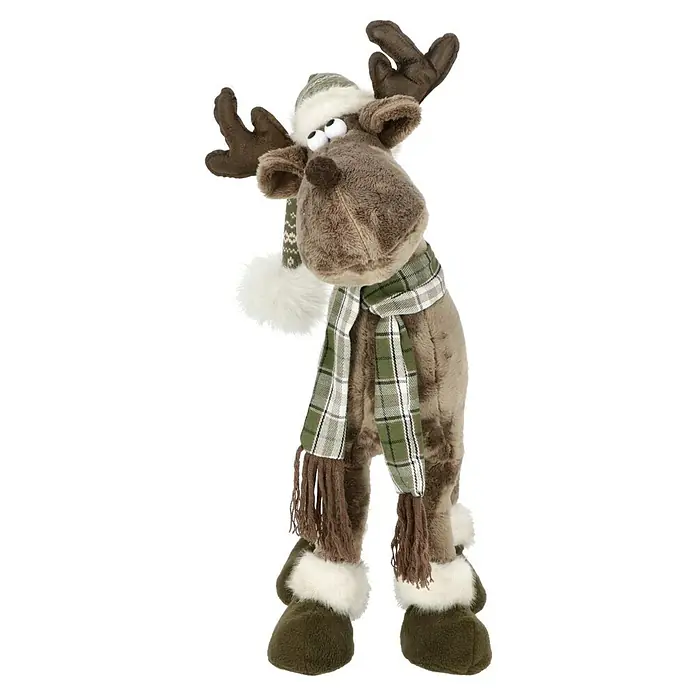 Dekofigur Weihnachtselch - L x H: 29 x 46 cm, Textil - Niedlicher Elch mit Mütze und Schal. Ideal für Weihnachtsdekorationen und festliche Stimmung, ein echter Hingucker!