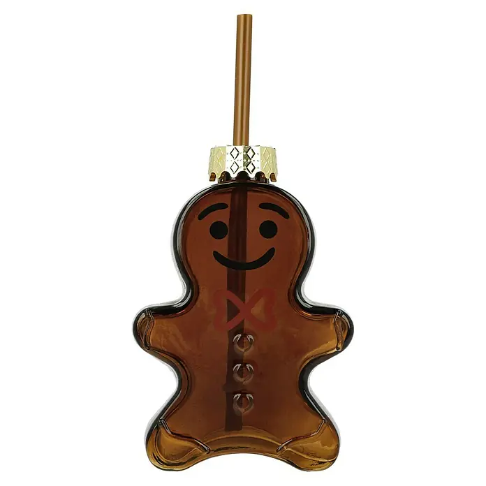 Boltze Trinkglas Lebkuchenmännchen - Braun, L x B x H: 4,7 x 10 x 14,5 cm, Lebkuchen - Lebkuchenmann-Getränkespender mit goldenem Ornament und Strohhalm, ideal für festliche Getränke und Dekorationen.
