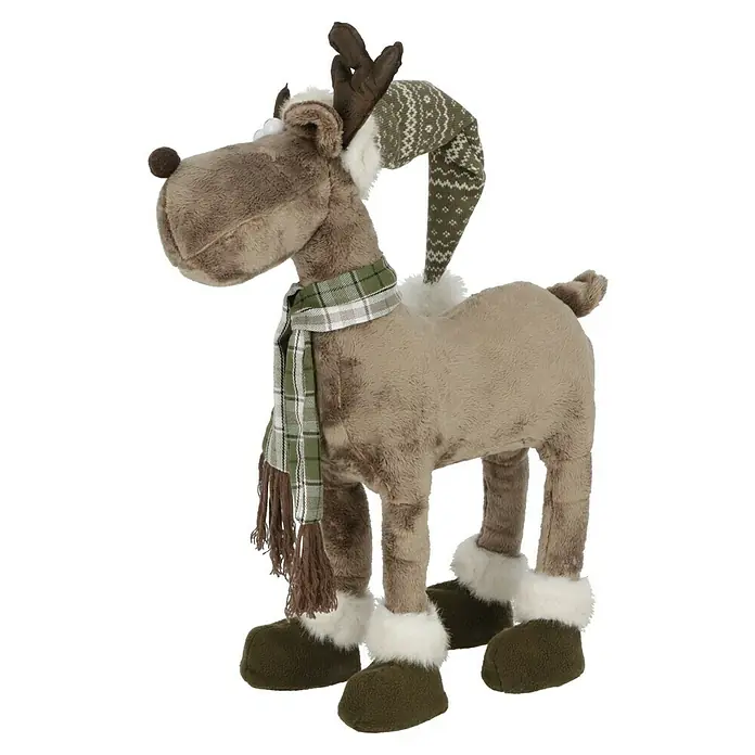 Dekofigur Weihnachtselch - L x B x H: 39 x 13 x 80 cm, Textil - Festlicher Plüsch-Rentier mit Schal und Mütze, eine niedliche Weihnachtsdekoration.
