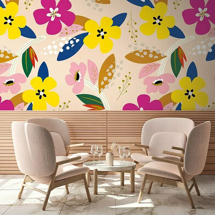 A.S. Création The Wall 2 Fototapete Blume bunt - B x H: 159 x 280 cm, Vlies - Elegantes Interieur mit vier rosa Sesseln um einen Tisch, vor einer floralen Wand. Perfekt für stilvolle Entspannung und Gespräche in gemütlicher Atmosphäre.