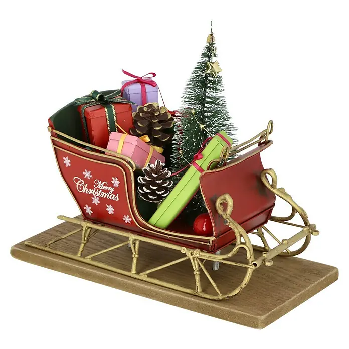 Dekofigur Weihnachtsschlitten - L x B x H: 22 x 10,5 x 18 cm, Metall - Weihnachtliche Dekoration: Ein festlicher Schlitten gefüllt mit Geschenken und einem kleinen Weihnachtsbaum, ideal für die festliche Jahreszeit.