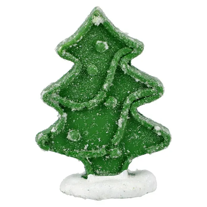 LED-Weihnachtsdorf Lebkuchenhaus - 9,5 x 9,5 x 13 cm, LED, Batteriebetrieben - Ein grüner, zuckerüberzogener Gummibaum, der wie ein Weihnachtsbaum geformt ist und auf einem weißen, zuckerhaltigen Sockel steht.