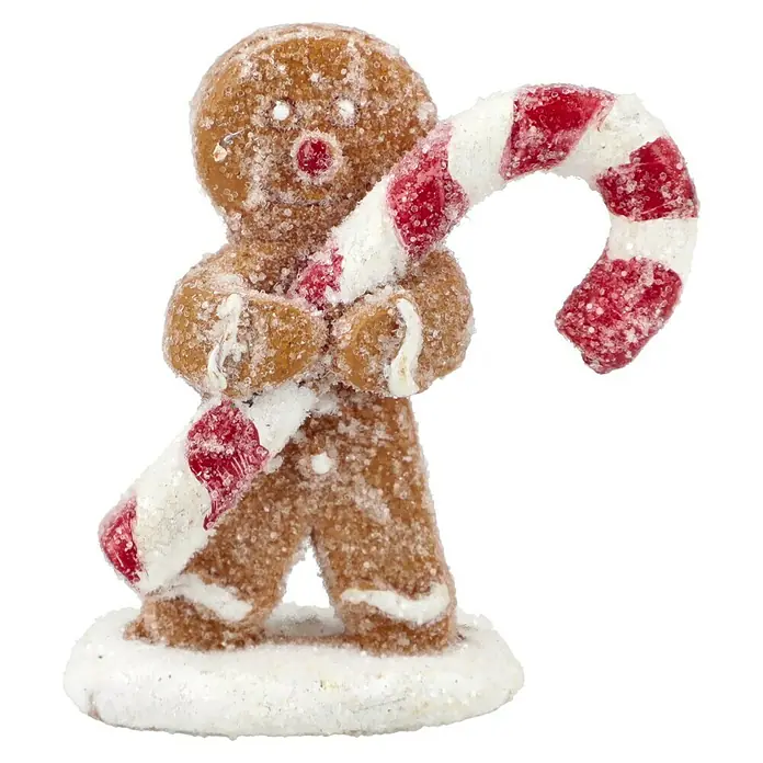 LED-Weihnachtsdorf Lebkuchenhaus - 9,5 x 9,5 x 13 cm, LED, Batteriebetrieben - Lebkuchenmann-Figur mit Zuckerstange. Eine festliche Dekoration, die Weihnachtsstimmung verbreitet.