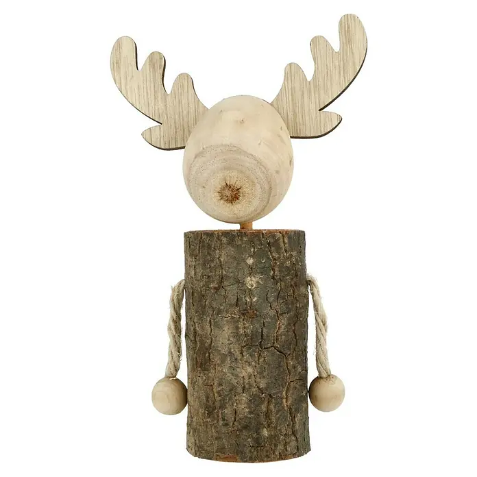 Dekofigur Weihnachtsrentier - L x B x H: 12 x 8 x 20 cm, Holz - Hölzerner Elch als Dekoration. Der Elch hat ein Kopf aus Holz, einen Körper aus Baumrinde und Geweihe aus Holz, eine süße Dekoration.
