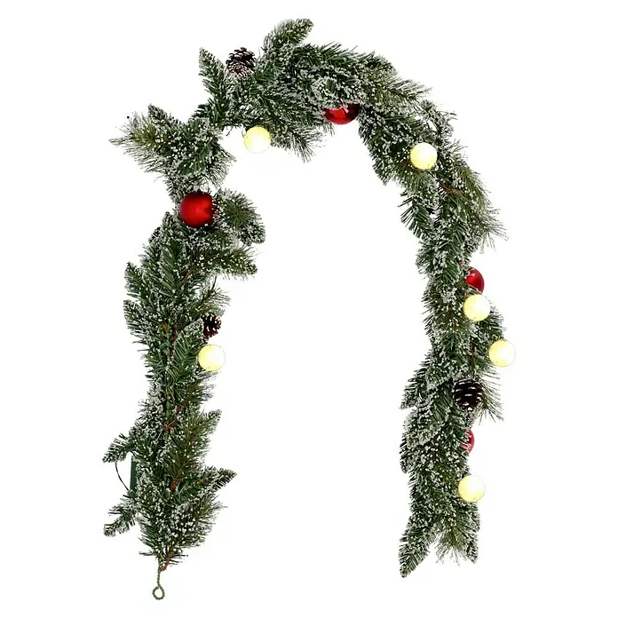 Edelmann Weihnachtsgirlande Kaprun - Kunststoff, LED-Beleuchtung - Festlicher Weihnachtsbogen mit Tannengrün, roten Kugeln und warmen Lichtern, perfekt für eine gemütliche und einladende Dekoration.