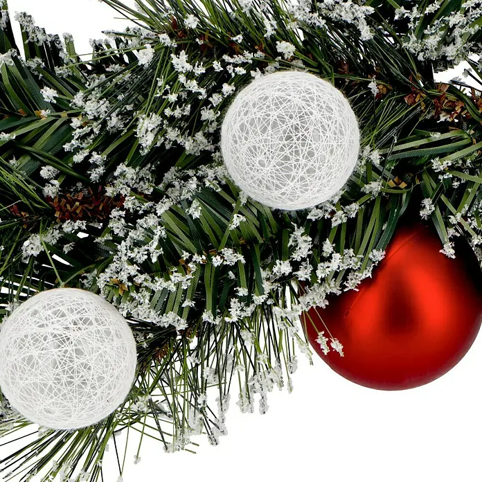 Edelmann Weihnachtsgirlande Kaprun - Kunststoff, LED-Beleuchtung - Festlicher Weihnachtsschmuck mit grünen Zweigen, weißen Kugeln und einer roten Kugel. Perfekt für die Weihnachtszeit.