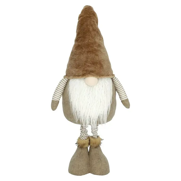 Dekofigur Wichtel - Braun/ Beige, Textil - Ein dekorativer Zwerg mit langem, weißem Bart, beiger Kleidung und einer hohen, braunen Mütze. Ideal für die Weihnachtszeit.