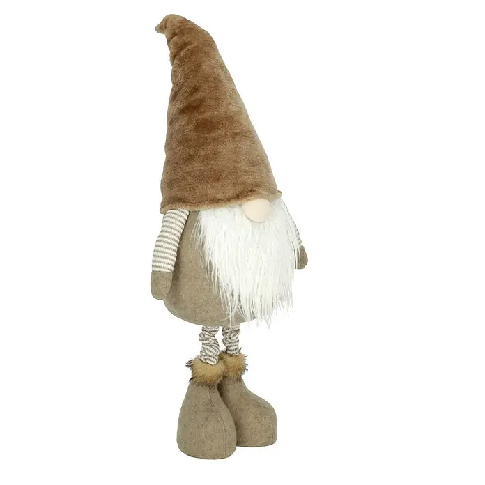 Dekofigur Wichtel - Braun/ Beige, Textil - Eine niedliche Gnome-Figur mit brauner Mütze, grau-weiß gestreiften Ärmeln und Stulpen sowie einem langen, weißen Bart.