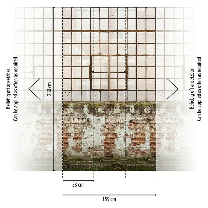 A.S. Création The Wall 2 Fototapete Fabrikgebäude - B x H: 159 x 280 cm, Vlies - Das Produktbild zeigt eine Fototapete mit einem Fenster im Industrie-Look, inklusive Maßangaben für die Anbringung.