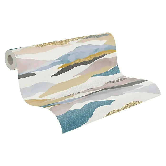 A.S. Création Pintwalls 2 Vliestapete Wolken-Wellen - Blau-Rosa-Beige, Grafisch, 10,05 x 0,53 m - Nahaufnahme einer Rolle dekorativer Tapete mit einem abstrakten, mehrfarbigen Design.