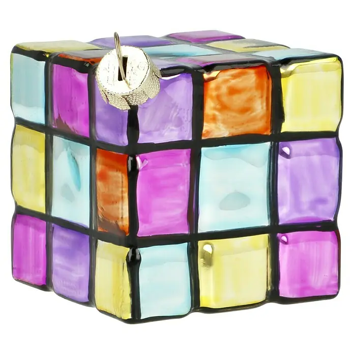 Christbaumschmuck Zauberwürfel - Bunt, Glas, 1 Stk., 9 x 9 x 9 cm - Bunter Rubik's Cube Ornament. Ein dekoratives Accessoire für den Weihnachtsbaum, das farbenfrohe Akzente setzt und nostalgische Gefühle weckt.
