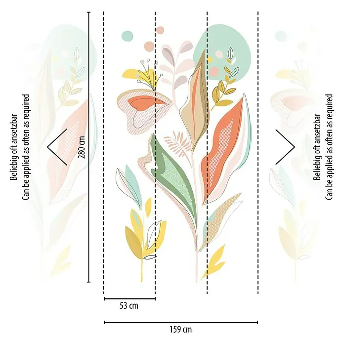 A.S. Création The Wall 2 Fototapete Grafische Blätter - B x H: 159 x 280 cm, Vlies - Illustration einer floralen Tapete mit abstrakten Pflanzenmotiven in sanften Farben und Größenangaben für die Anbringung.