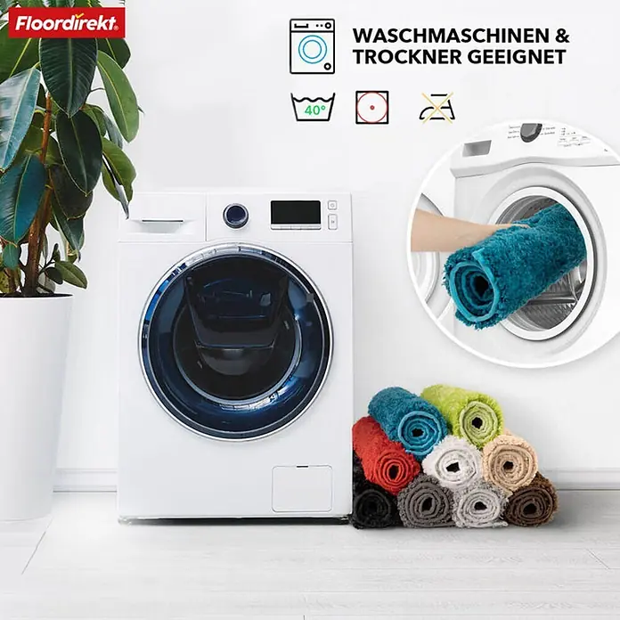 Floordirekt Badteppich Maris - 120 x 120 cm, Ivory, 100% Polyester - Waschmaschinengeeignete Fußmatte in verschiedenen Farben neben einer Waschmaschine mit Hinweisen zur Waschbarkeit.