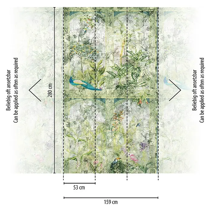 A.S. Création The Wall 2 Fototapete Dschungel mit Pfau - B x H: 159 x 280 cm, Vlies - Wandtapete mit Dschungelmotiven, 280 cm hoch und 159 cm breit, wiederholbares Muster für flexible Anwendung.