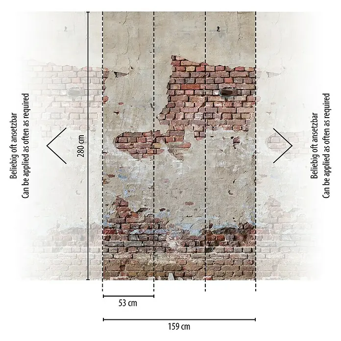 A.S. Création The Wall 2 Fototapete mit teilverputzter Steinwand - B x H: 159 x 280 cm, Vlies - Das Bild zeigt eine Fototapete mit Mauerwerk-Motiv, inklusive Maße und Wiederholungshinweisen für eine einfache Anbringung.