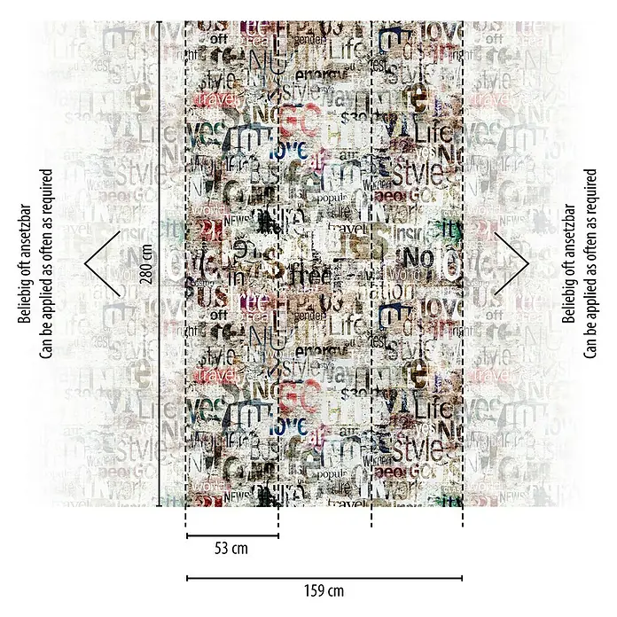 A.S. Création The Wall 3 Fototapete Schriftzug - B x H: 159 x 280 cm, Vlies - Detailansicht der Tapete mit Zeitungsdesign, zeigt Maße und Rapport. Die Tapete im Zeitungstil ist vielseitig einsetzbar und optisch ansprechend.