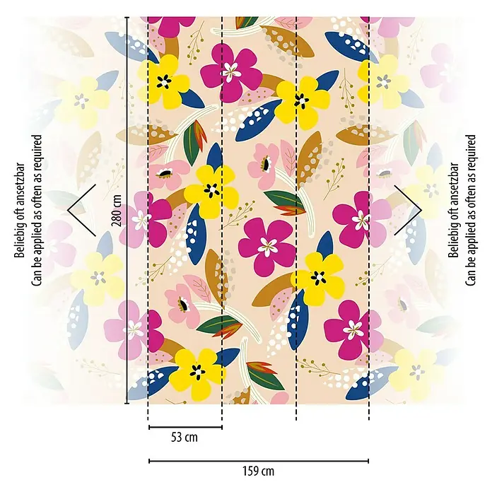 A.S. Création The Wall 2 Fototapete Blume bunt - B x H: 159 x 280 cm, Vlies - Eine farbenfrohe Tapete mit floralem Muster, bestehend aus gelben und pinken Blumen auf einem zarten Hintergrund. Die Abmessungen sind klar angegeben.