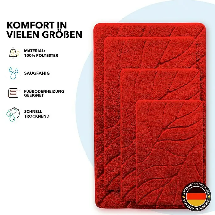 Floordirekt Badteppich Maris - 60 x 120 cm, Polyester, Rot - Drei rote Polyester-Badematten in verschiedenen Größen, mit Blattmuster.