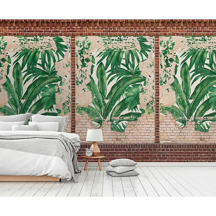 A.S. Création The Wall 2 Fototapete Palmenblätter - B x H: 159 x 280 cm, Vlies, Grün-Beige-Braun-Rot - Schlafzimmer mit trendiger Wandtapete mit tropischen Pflanzenmotiven, passend zur modernen Einrichtung.