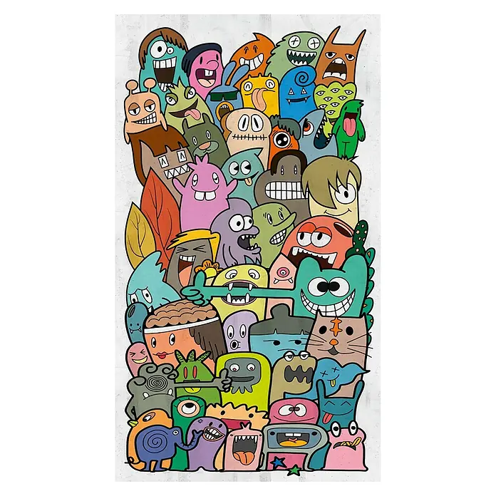 A.S. Création The Wall 3 Fototapete Comic - B x H: 159 x 280 cm, Vlies, Bunt - Eine Ansammlung skurriler, cartoonartiger Monster, die dicht gedrängt und mit lebhaften Farben dargestellt sind.