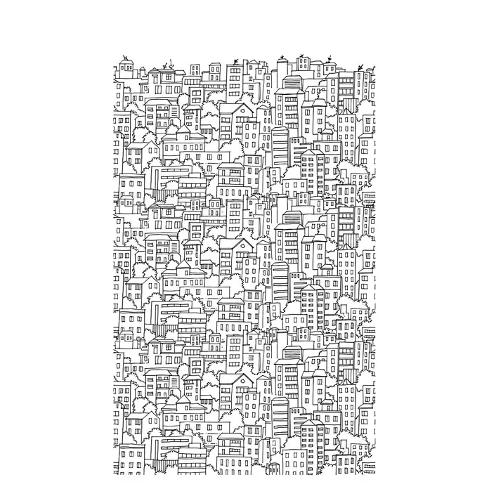 A.S. Création The Wall 3 Fototapete Häuser - B x H: 159 x 280 cm, Vlies - Detaillierte Schwarz-Weiß-Illustration einer geschäftigen Stadtlandschaft, ideal als Ausmalbild für Erwachsene.