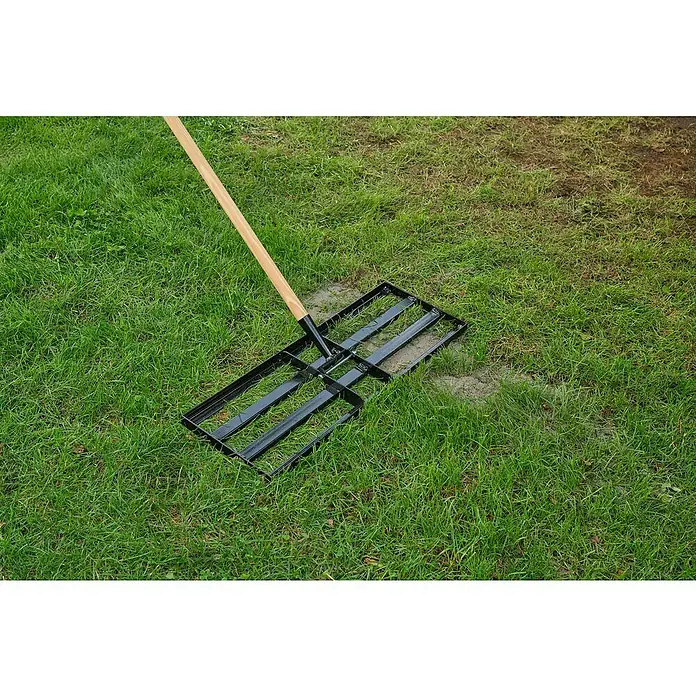 Gardol Rasenrakel ohne Stiel - 24,5 cm, Stahl, Passend für: Gerätestiele mit Konus, Ø 28 mm - Eine Rasen-Egalisierung Harke mit Holzstiel liegt auf einem Rasen. Das Werkzeug ist aus schwarzem Metall gefertigt.