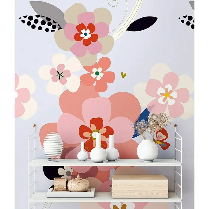 A.S. Création The Wall 2 Fototapete Blume - B x H: 159 x 280 cm, Vlies - Dekoratives Wandregal mit farbenfrohem Blumenmuster im Hintergrund, das eine stilvolle und einladende Atmosphäre schafft.