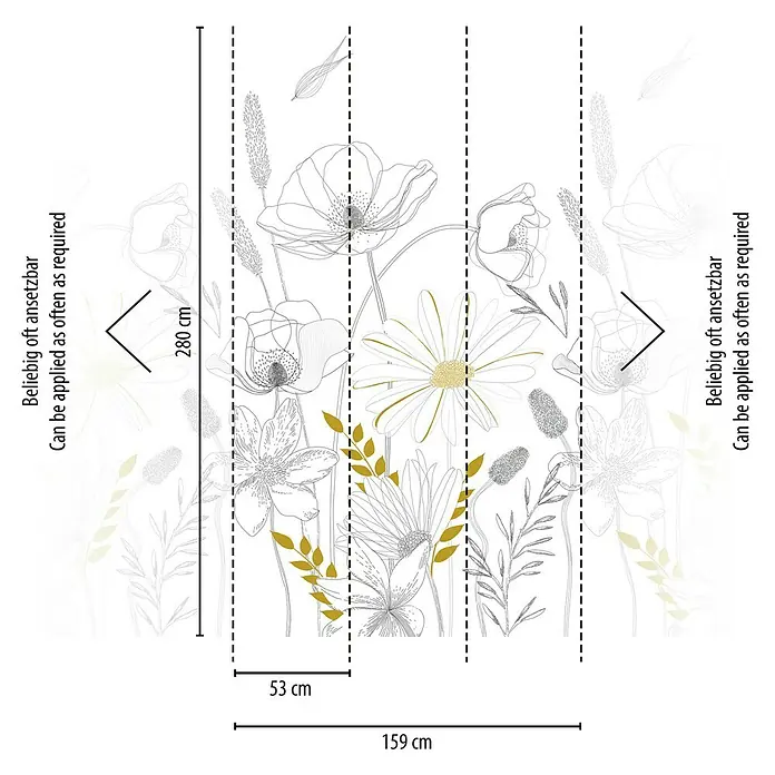 A.S. Création The Wall 2 Fototapete Blume II - B x H: 159 x 280 cm, Vlies, Weiß-Schwarz-Gelb - Diese Abbildung zeigt eine detailreiche Blumendesign-Tapete mit zarten Linien und goldenen Akzenten, ideal für eine elegante Raumgestaltung.