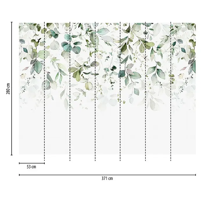 A.S. Création The Wall 3 Fototapete Blätter - B x H: 371 x 280 cm, Vlies - Eine florale Fototapete mit einem herabhängenden Blättermuster in Grüntönen, die eine ruhige und natürliche Atmosphäre schafft.